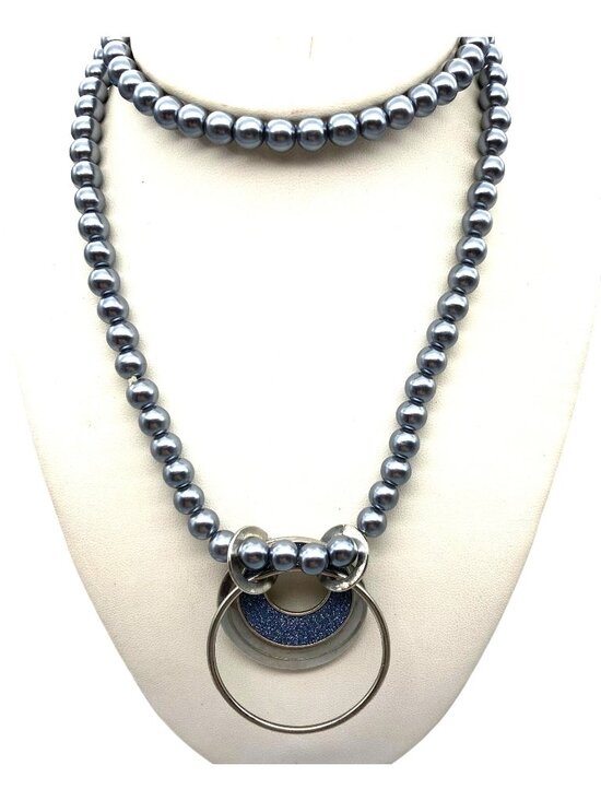 Jewelry - Classy Grey and Silver Circles Pendant on Lustrous Faux Tahitian Pearl Long